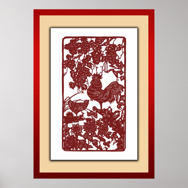 Chinese Zodiac Rooster Papercut Scene Poster (Front)