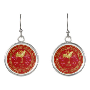 Chinese Zodiac Rooster Red/Gold ID542 Earrings