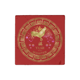 Chinese Zodiac Rooster Red/Gold ID542 Stone Magnet