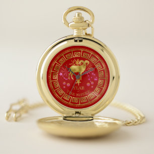 Chinese Zodiac Sheep Red/Gold ID542 Pocket Watch