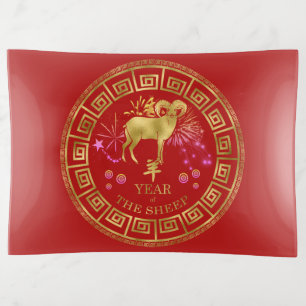Chinese Zodiac Sheep Red/Gold ID542 Trinket Tray