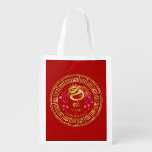 Chinese Zodiac Snake Red/Gold ID542 Grocery Bag