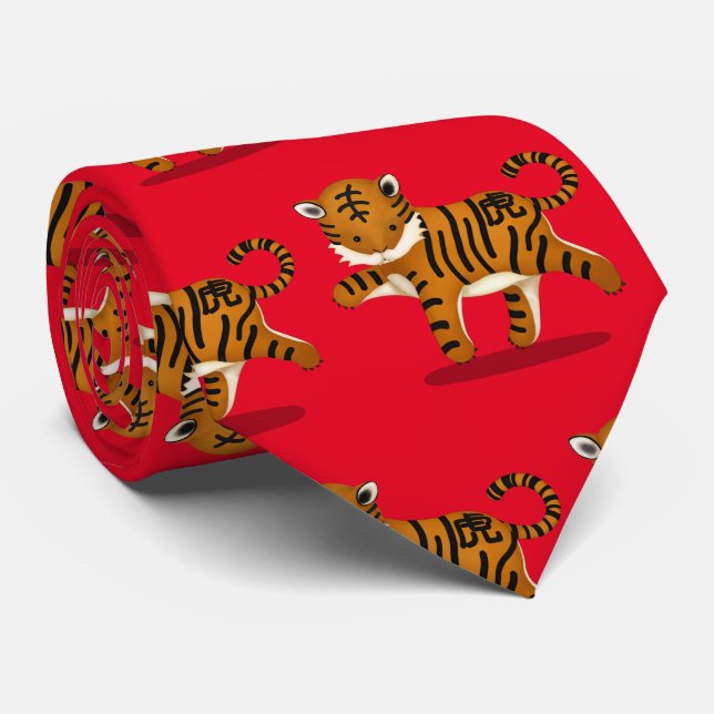 Chinese Zodiac Tiger Cute Astrology Sign Neck Tie (Rolled)