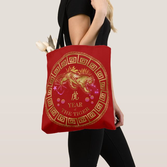 Chinese Zodiac Tiger Red/Gold ID542 Tote Bag (Close Up)