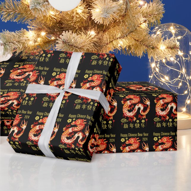 Chinese Zodiac Year Of The Dragon 2024 Black Wrapping Paper (Holidays)