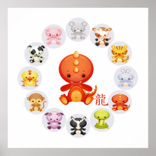 Chinese Zodiac Year of the Dragon on White Poster