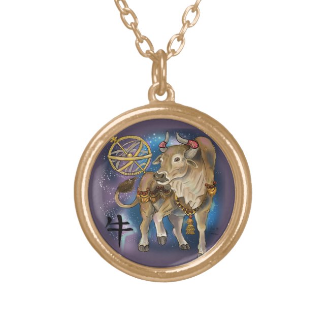 Chinese Zodiac Year of the Ox Gold Plated Necklace (Front)