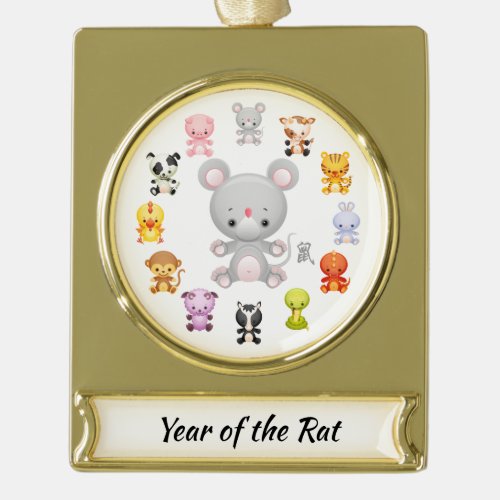 Chinese Zodiac Year of the Rat Gold Plated Banner Ornament