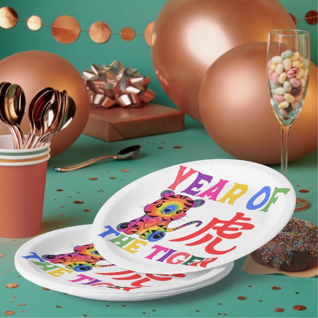 Chinese Zodiac - Year of the Tiger in Rainbow Paper Plates (Multi)
