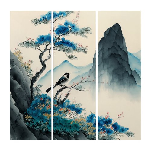 Chineses watercolor brushpainting landscape acryli triptych