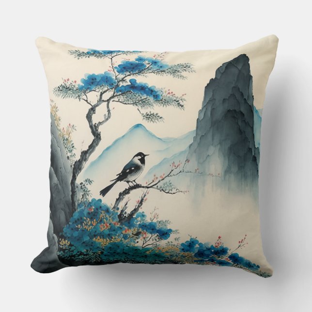 Chineses watercolor brushpainting landscape throw pillow (Front)