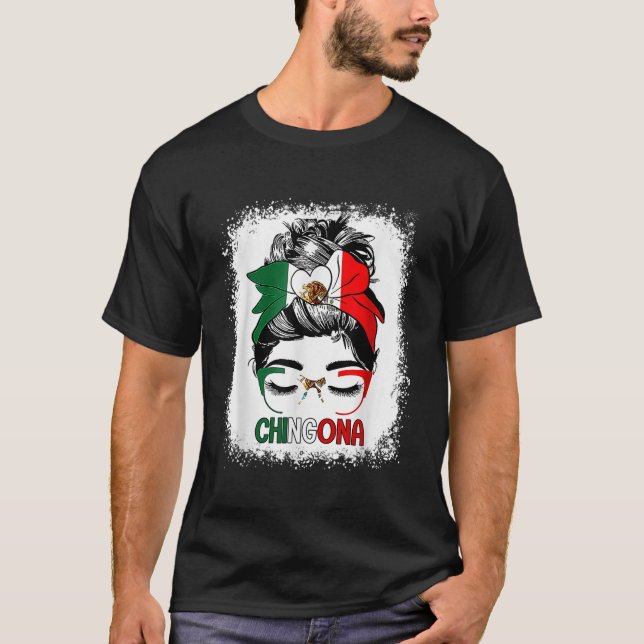 Chingona Messy Bun with Bandana And Glasses Mexica T-Shirt (Front)