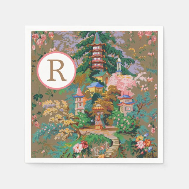 Chinoiserie Antique China Monogram Garden Temple Napkins (Front)