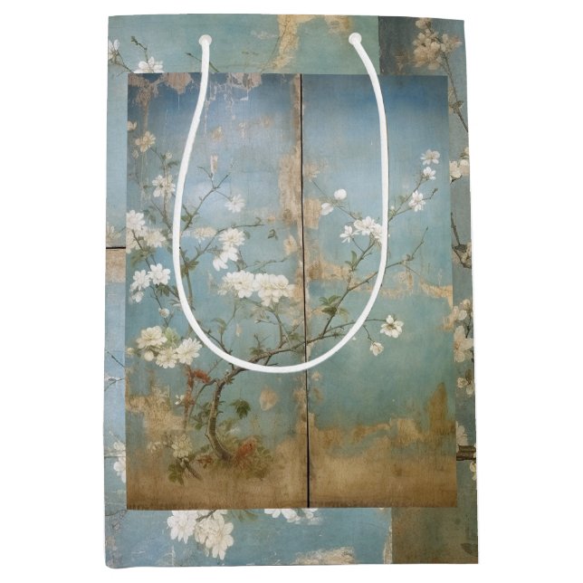 Chinoiserie Antiqued Blue Panels & Cherry Trees Medium Gift Bag (Front)