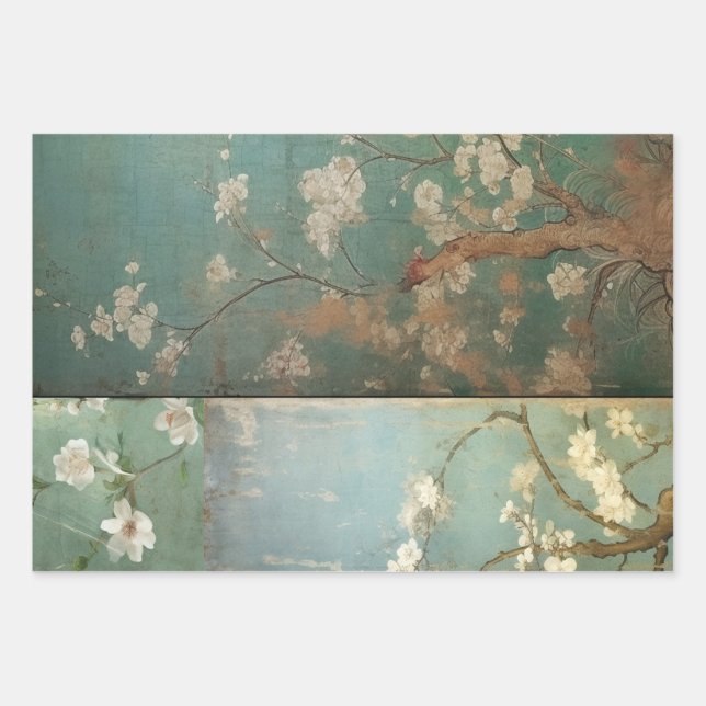 Chinoiserie Antiqued Green & Apple Blossoms 1 Wrapping Paper Sheets (Front)