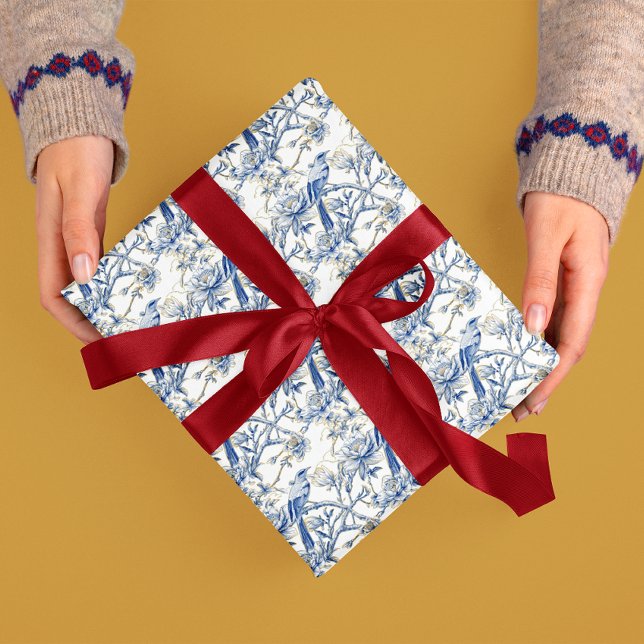 Chinoiserie Asian Bird White Blue Floral Wrapping Paper (Creator Uploaded)