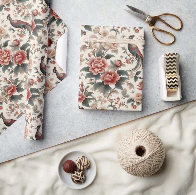 Chinoiserie Asian Bird White Red Floral Wrapping Paper (Crafts)