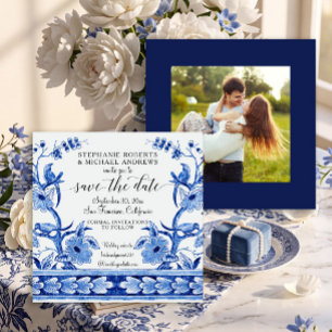 Chinoiserie Asian Influence Navy Blue White Floral Save The Date