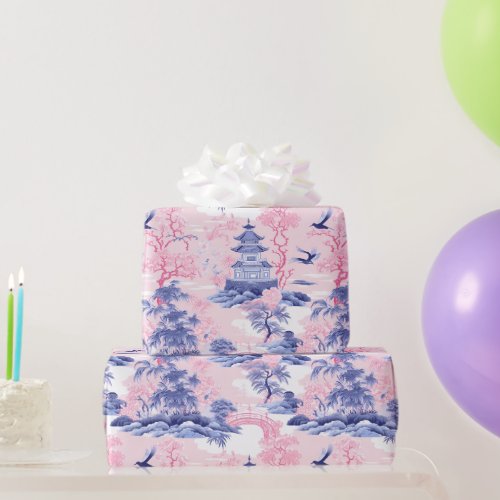 Chinoiserie Asian Landscape Pink Blue Wrapping Paper