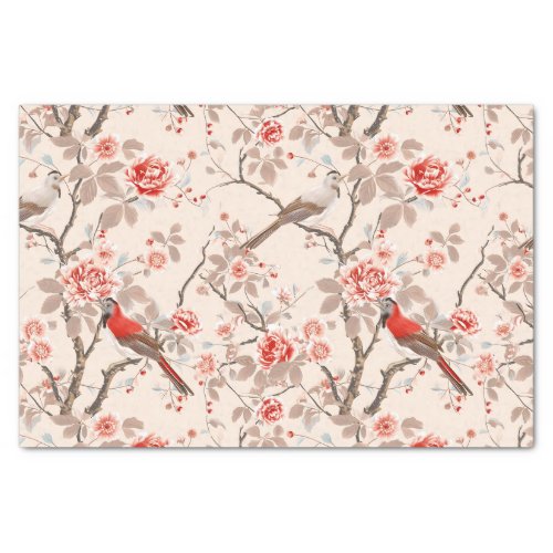 Chinoiserie Asian Red Birds Pink Flower Decoupage Tissue Paper