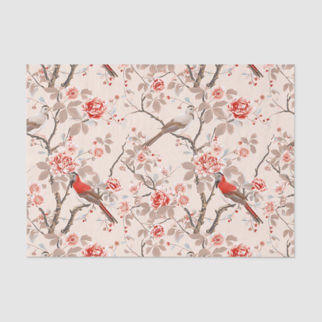 Chinoiserie Asian Red Birds Pink Flower Decoupage Tissue Paper (Front)