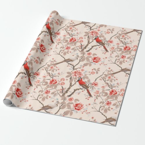 Chinoiserie Asian Red Birds Pink Flower Decoupage Wrapping Paper