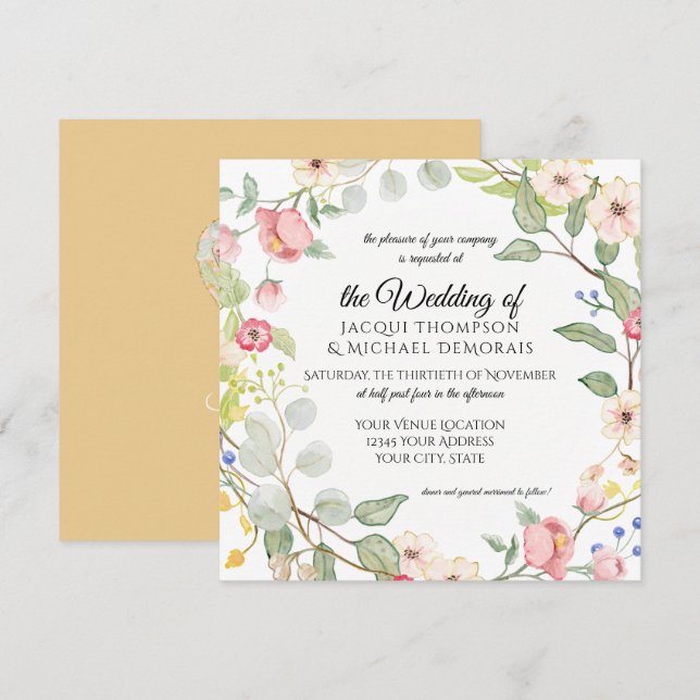 Chinoiserie Autumn Gold Rose Floral Watercolor Invitation (Front/Back)
