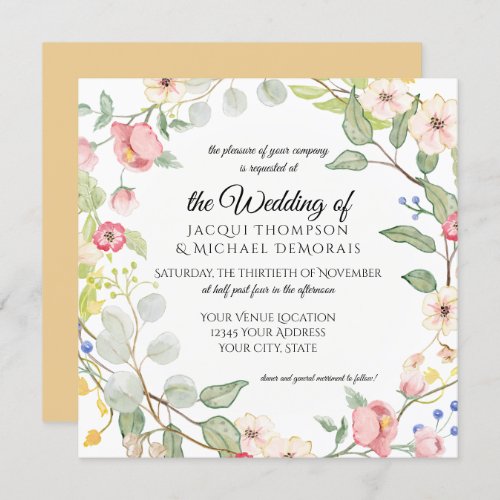 Chinoiserie Autumn Gold Rose Floral Watercolor Invitation