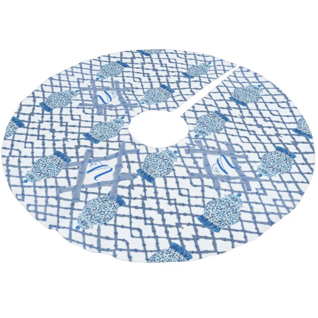 Chinoiserie Bamboo Ginger Jar Jars  Brushed Polyester Tree Skirt (Angled)