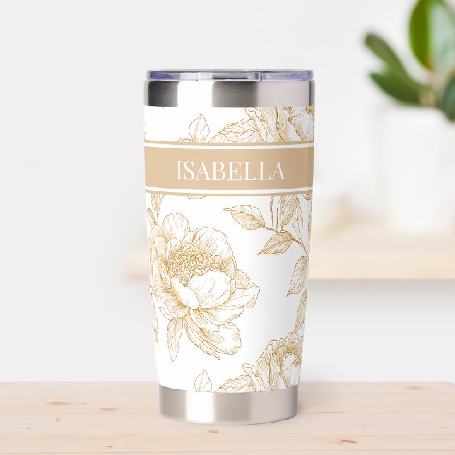 Chinoiserie Beige Floral Travel Coffee Lover Name Insulated Tumbler (Personalized Beige Floral Peonies Elegant Coffee Lover Travel Tumbler)