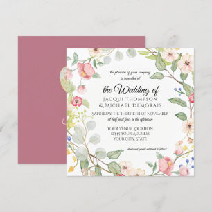 Chinoiserie Berry Pink Watercolor Rose Leaf Floral Invitation