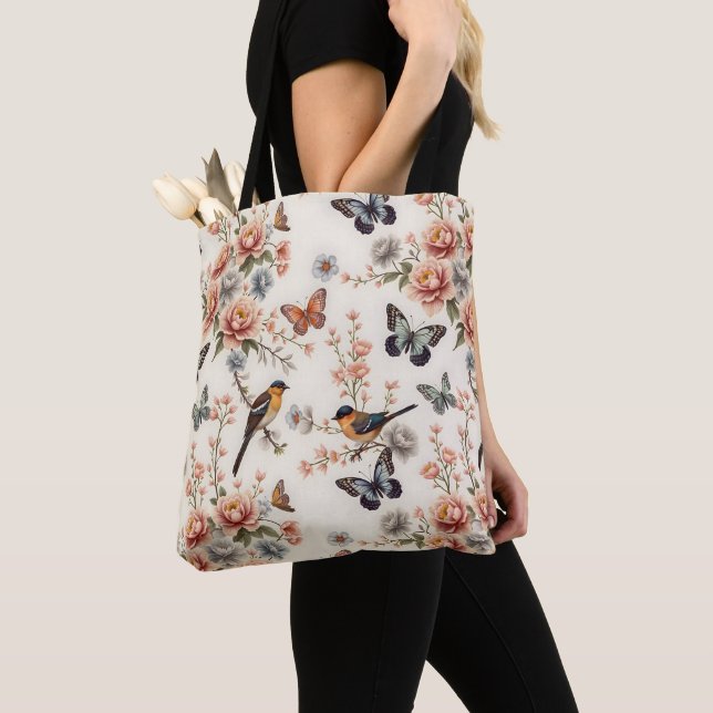 Chinoiserie Bird and Butterfly Harmony Tote Bag (Close Up)