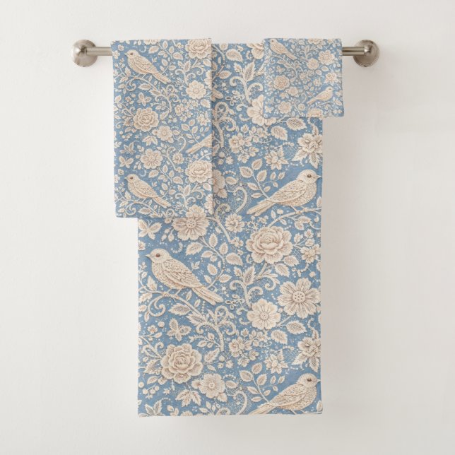 Chinoiserie Bird and Flower Seamless Pattern Bath Towel Set (Insitu)