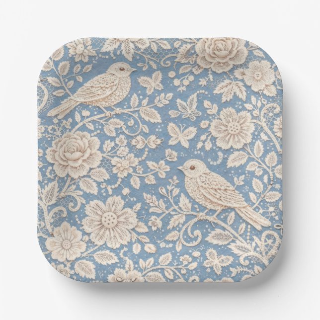 Chinoiserie Bird and Flower Seamless Pattern Paper Plates (Front)