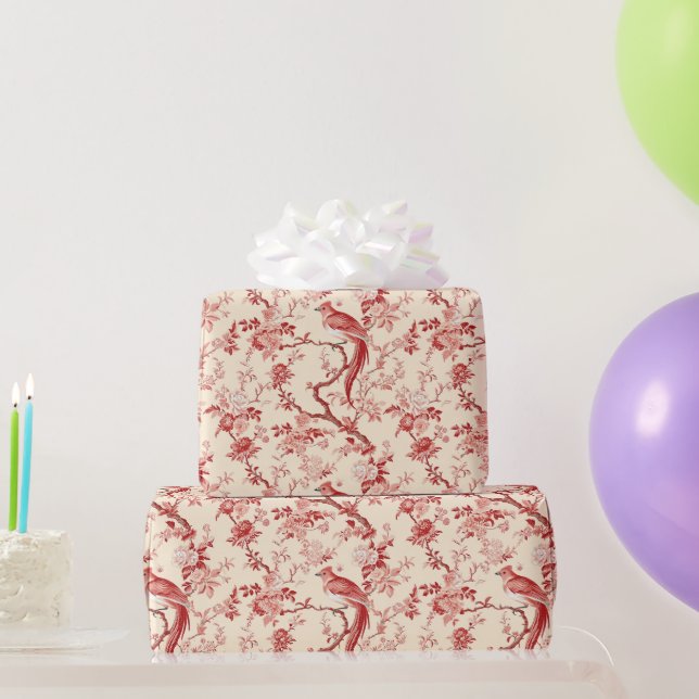 Chinoiserie Bird Asian Floral Red Pink Decoupage Wrapping Paper (Party Gifts)