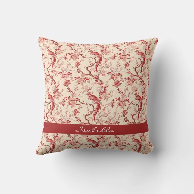 Chinoiserie Bird Asian Floral Red Pink Throw Pillow (Back)