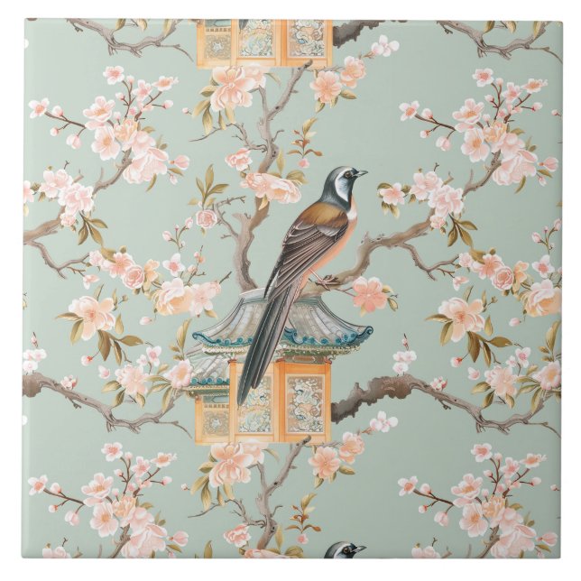 Chinoiserie Bird & Blossom Blush Sage Ceramic Tile (Front)