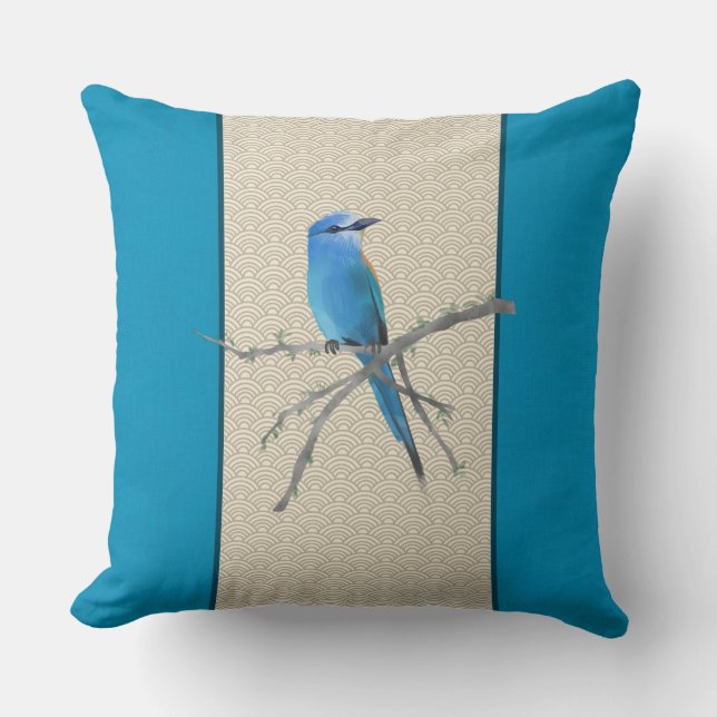 Chinoiserie Bird Clouds Pattern Blue Throw Pillow (Front)
