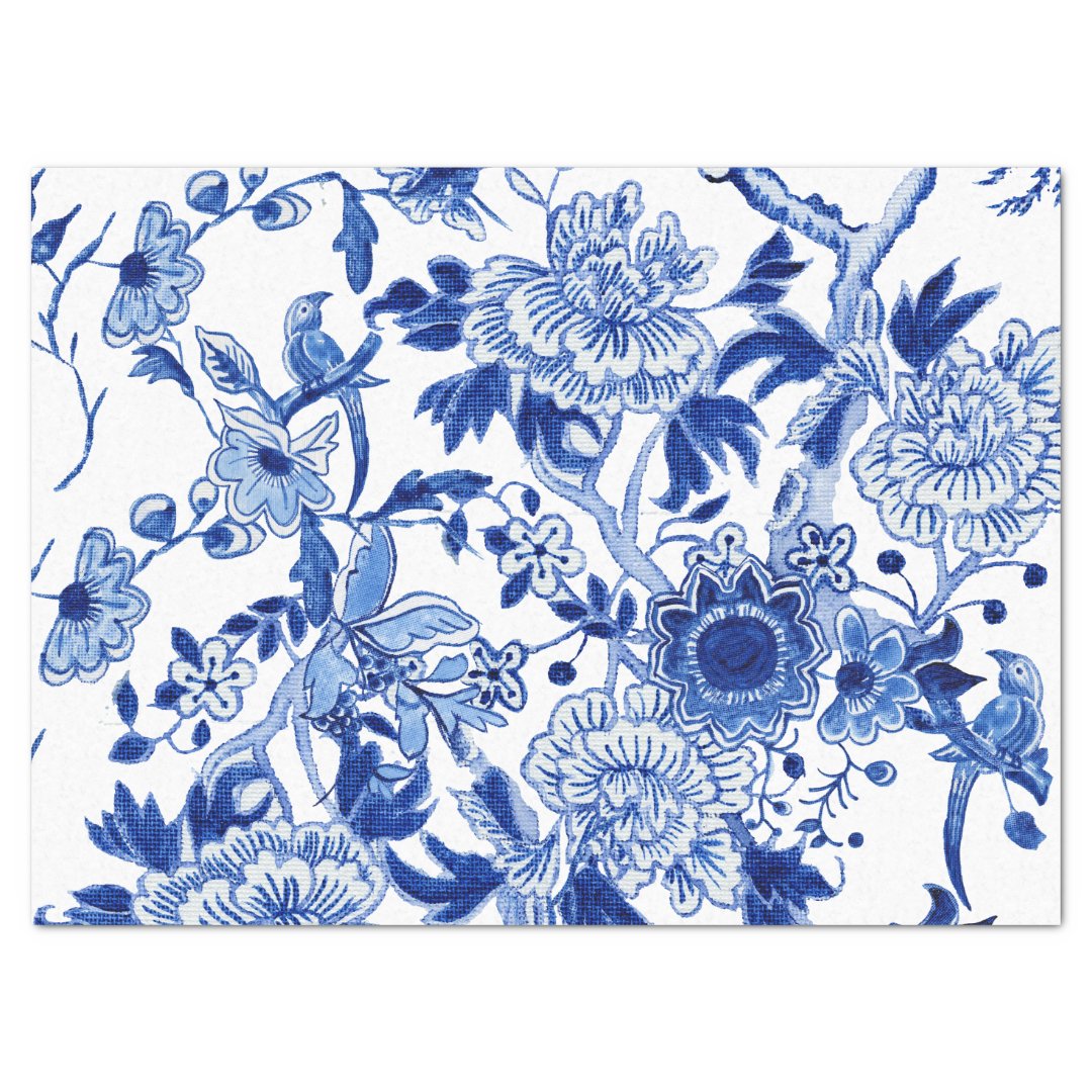 Chinoiserie Bird Floral Blue And White Decoupage Tissue Paper 