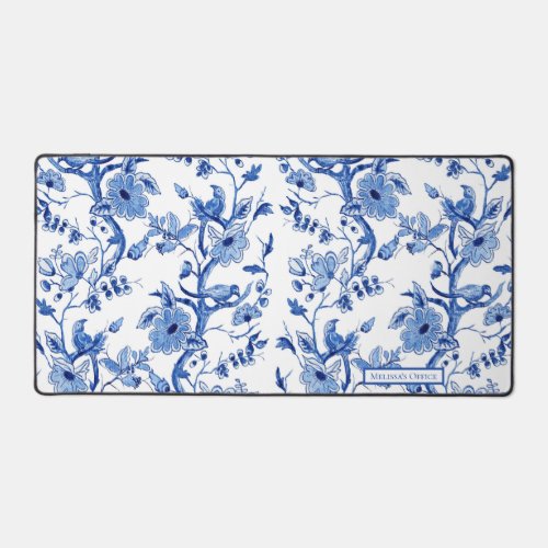 Chinoiserie Bird Floral Blue and White Office Desk Mat