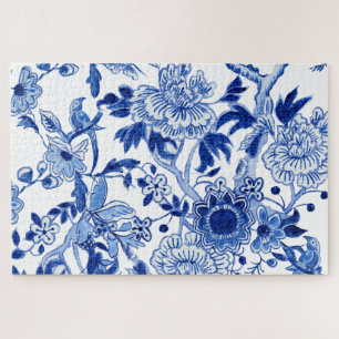 Chinoiserie Bird Floral Blue and White Tree Peony Jigsaw Puzzle