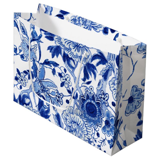 Chinoiserie Bird Floral Blue White Bridal Shower Large Gift Bag (Front Angled)