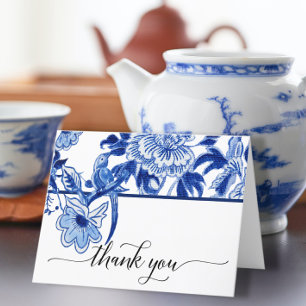 Chinoiserie Bird Floral Blue White Bridal Shower Letterpress Thank You Card