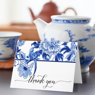 Chinoiserie Bird Floral Blue White Bridal Shower Letterpress Thank You Card