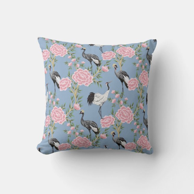 Chinoiserie birds and flowers periwinkle blue throw pillow (Front)