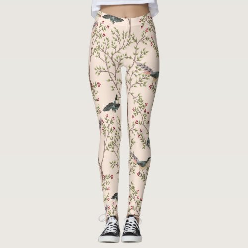 Chinoiserie birds and foliage blush pink leggings