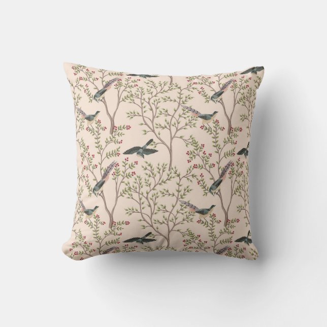Chinoiserie birds and foliage blush pink throw pillow (Front)