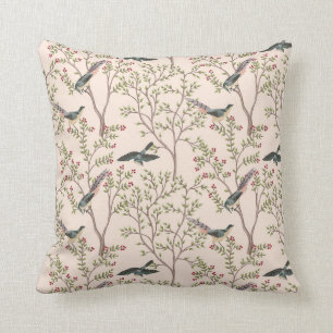 Chinoiserie birds and foliage blush pink throw pillow