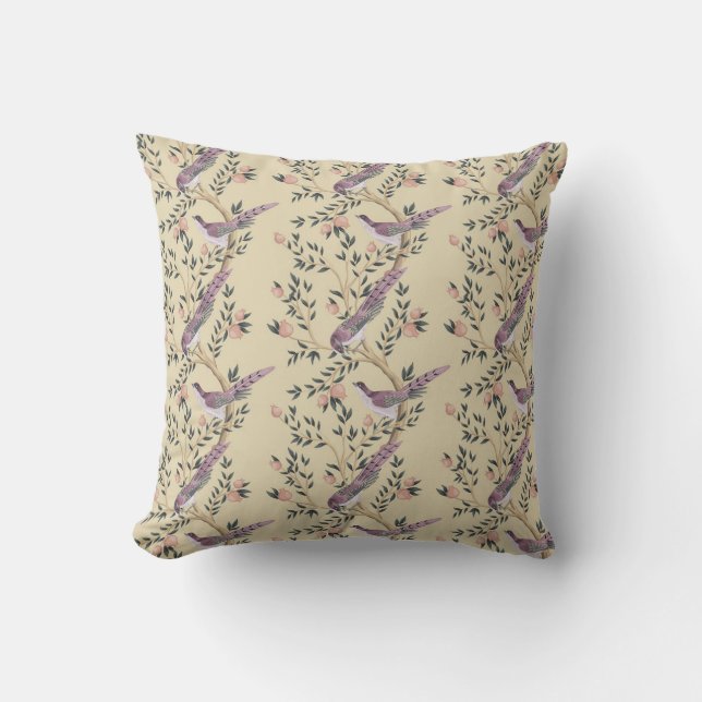 Chinoiserie birds and foliage fudge coloured throw pillow (Front)