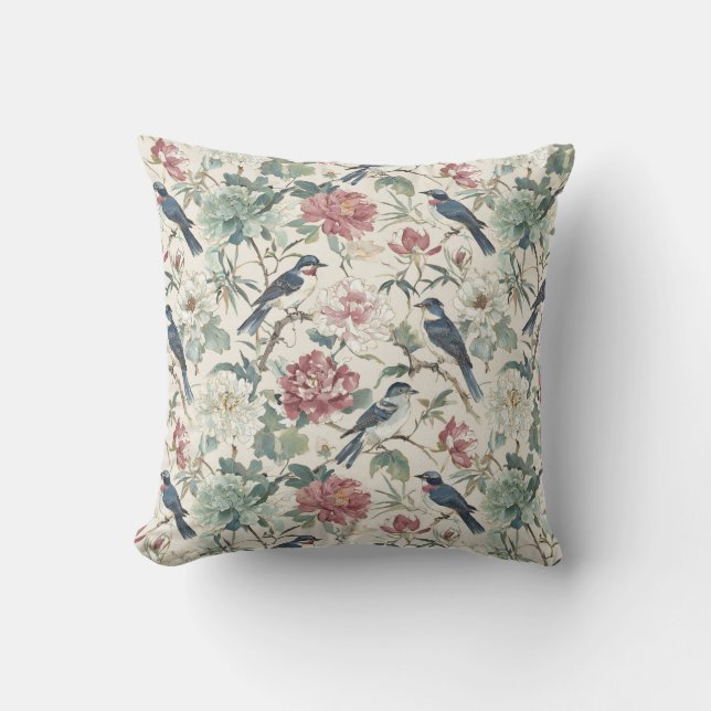 Chinoiserie Birds and Peony Floral Design Outdoor Pillow (Front)